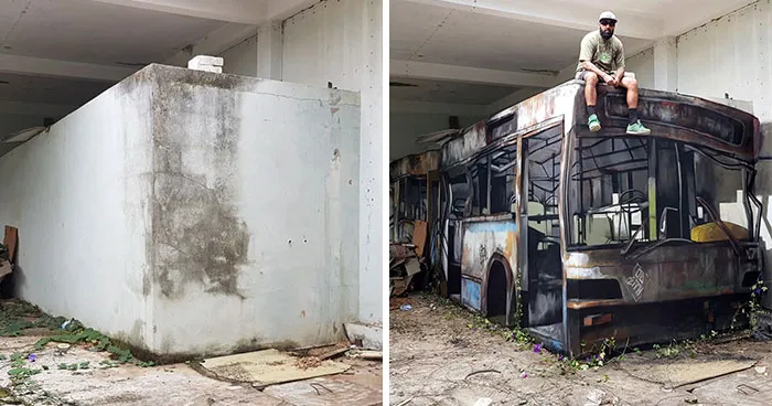 Portuguese Graffiti Artist Turns A Concrete Block Into An Abandoned Bus