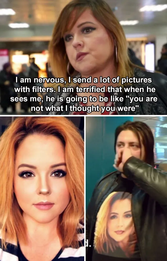 Woman Worries As She Meets Her Fiance Abroad At The Airport For First Time After Communicating Through Heavily Filtered Photos And Videos Of Herself. (He Of Course Shows Up To Meet Her Wearing A Heavily Filtered Photo Her On His T-Shirt...)