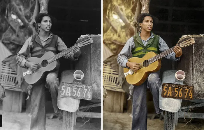 A Young Mexican Farm Worker Plays Guitar And Sings In A Coachella Valley Labor Camp, 1935. Photographer Dorothea Lange, Gelatin Silver Print, Collection Of Oakland Museum Of California