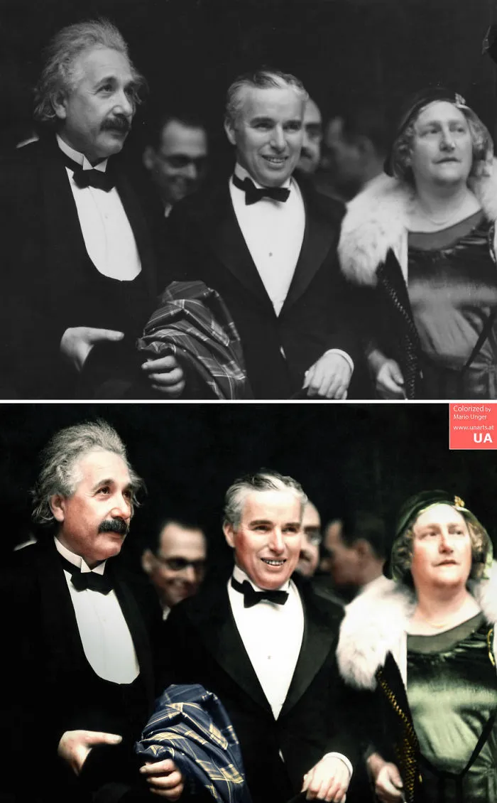 Albert Einstein, His Wife Elsa And Charlie Chaplin At The Premiere Of "City Lights" In Los Angeles, 1931