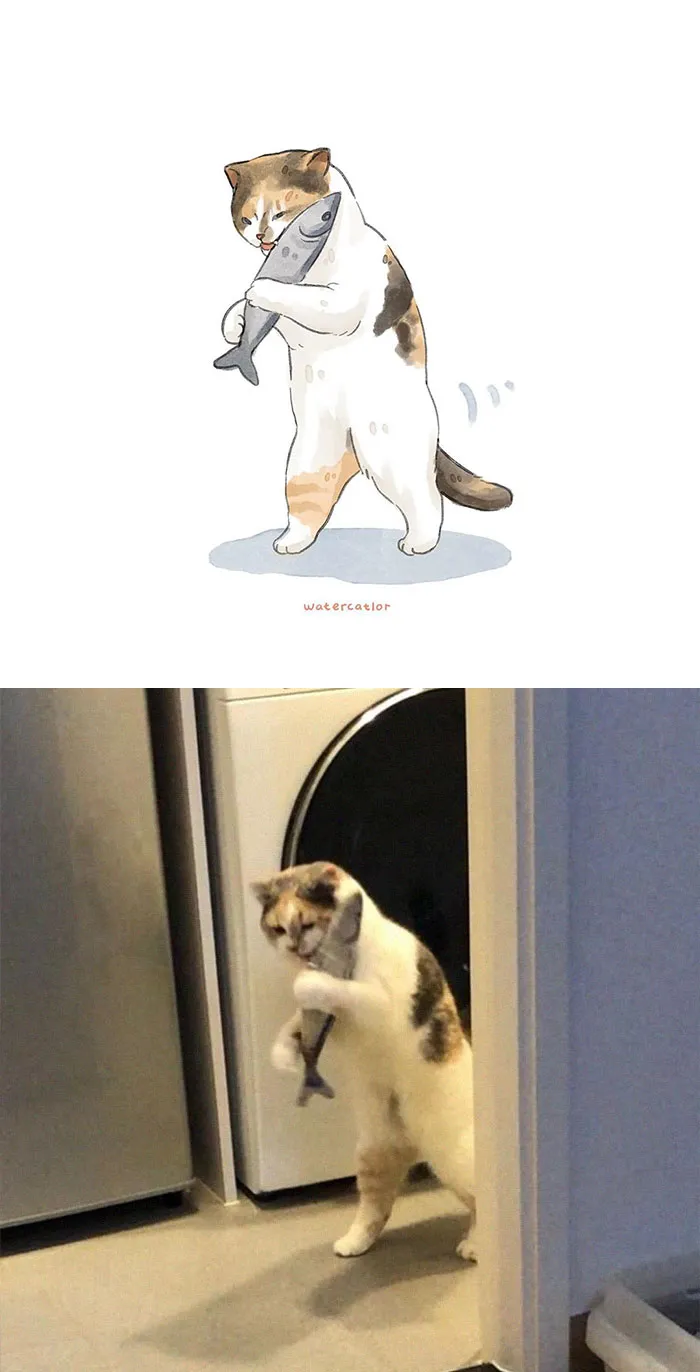 30 Of The Funniest Internet-Famous Cat Pics Get 'Watercolorized' By Amelia Rizky