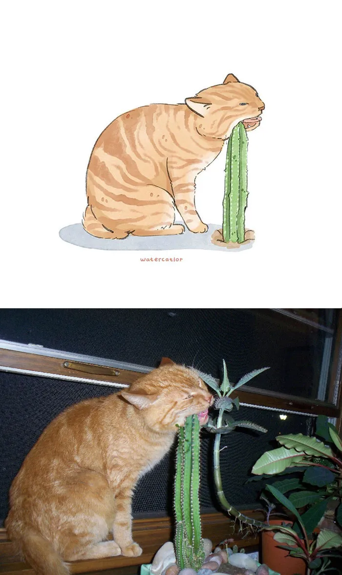 30 Of The Funniest Internet-Famous Cat Pics Get 'Watercolorized' By Amelia Rizky