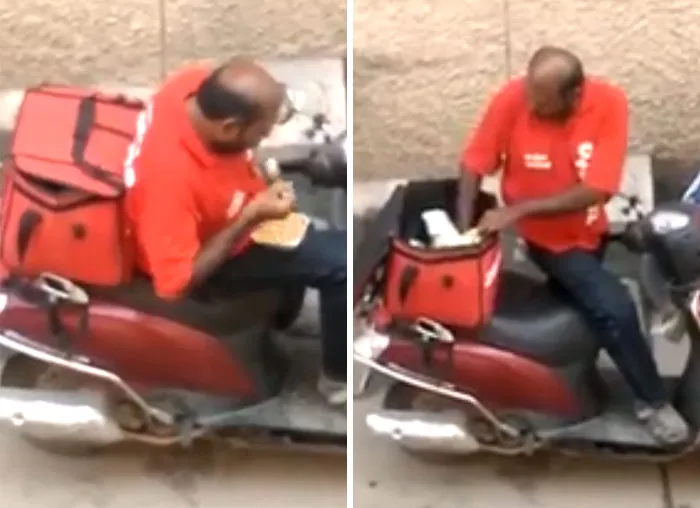 Lamiendo las cucharas que vienen con la comida y luego poniéndolas otra vez con el reparto
