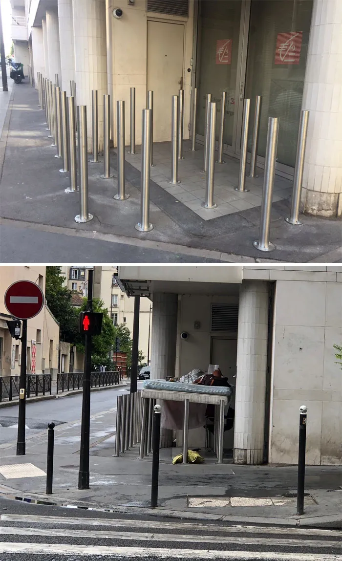 Instalaron estos barrotes para que los indigentes no durmieran ahí, pero encontraron una solución
