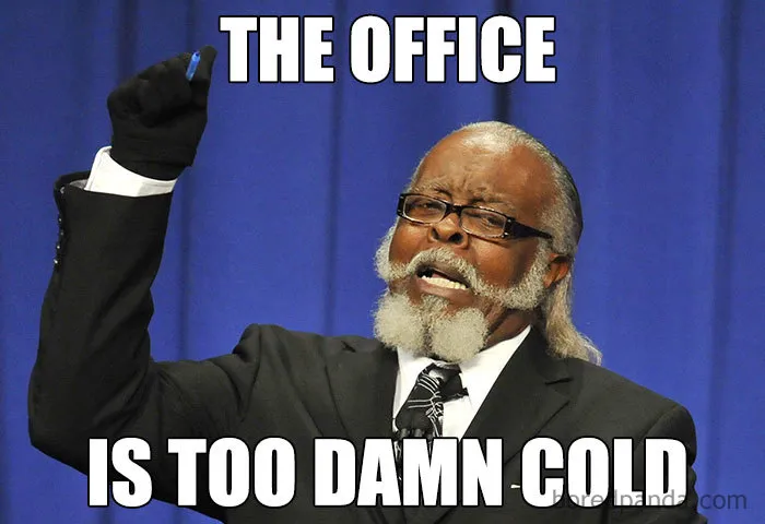 Person expressing frustration about cold office, meme text: "The office is too damn cold."