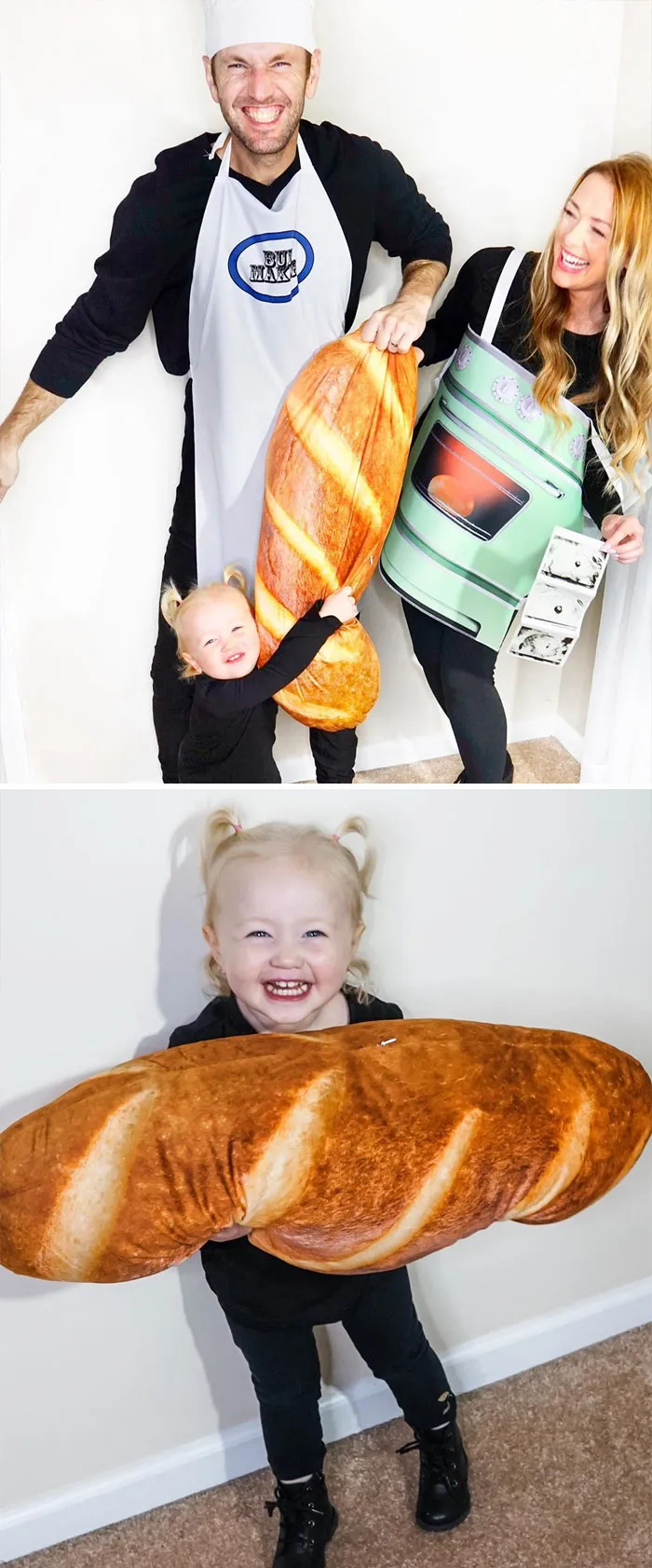 Jamie Otis And Her Family Dressed As A Baker, Bread Loaf, And Oven With A Bun In It