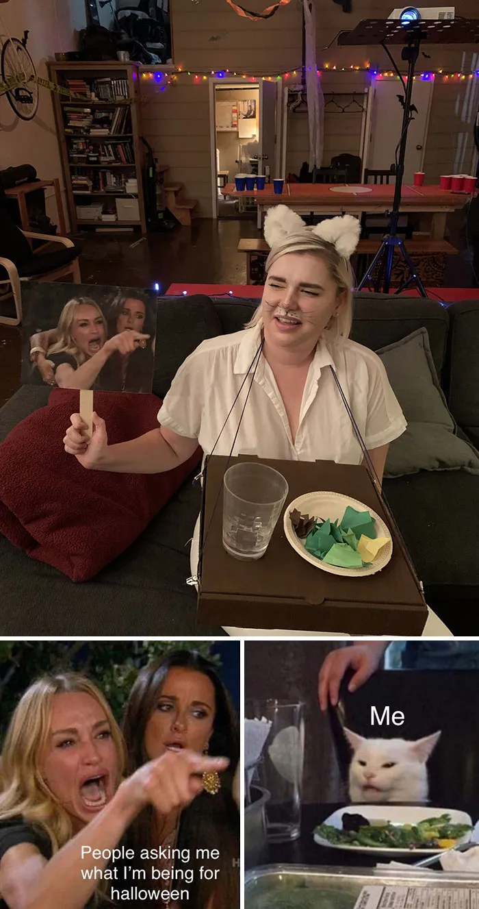 Woman dressed as the cat from the woman yelling at a cat meme, perfect for Halloween costumes.