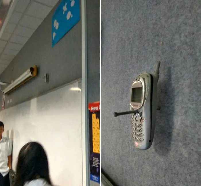 Hace 20 años, un profesor clavó el móvil de un estudiante a la pared por usarlo en clase. Aún sigue ahí