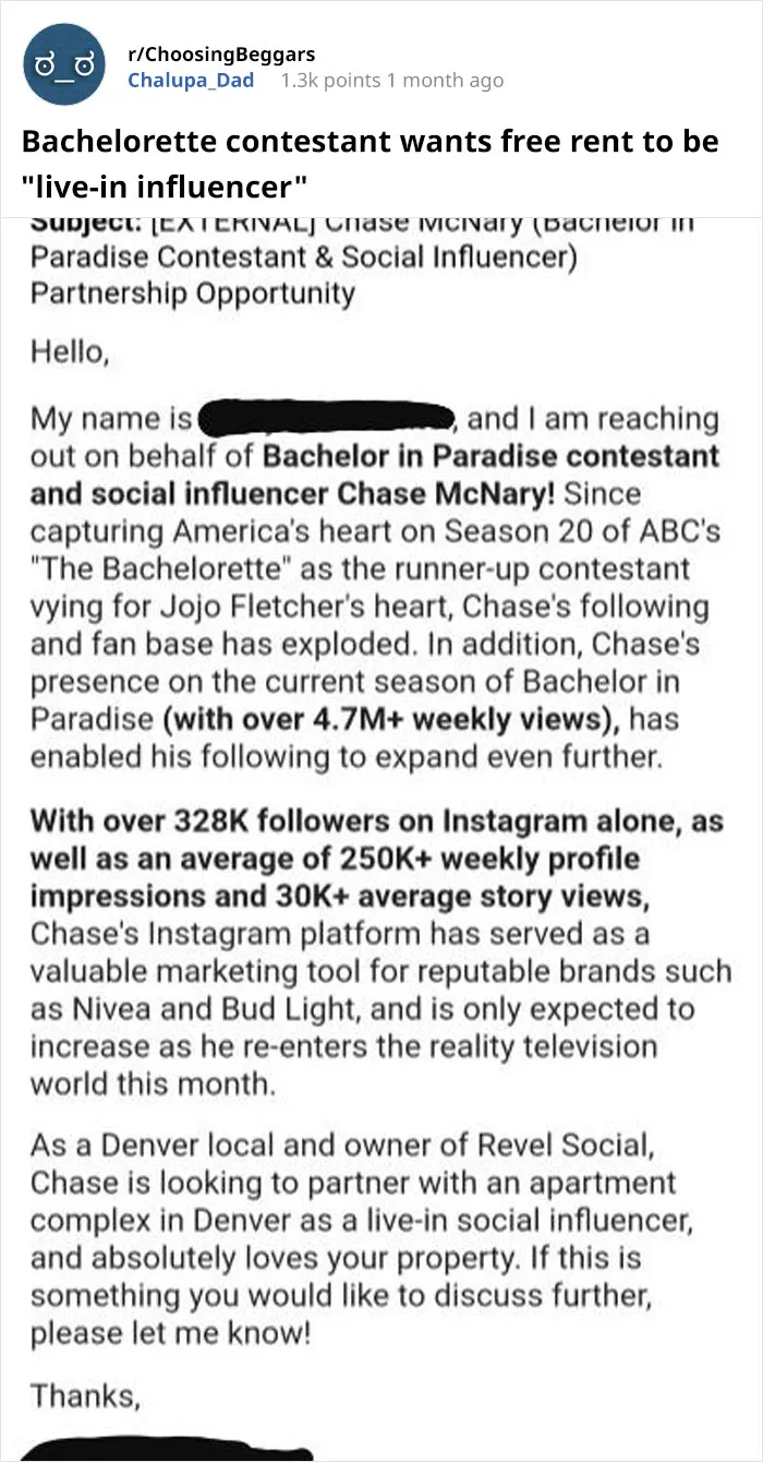 Bachelorette Contestant Wants Free Rent To Be "Live-In Influencer"