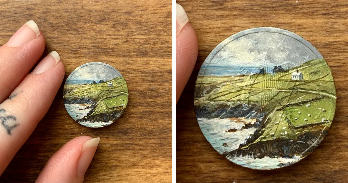 Creo diminutas pinturas al óleo sobre monedas, aquí están 30 de mis obras