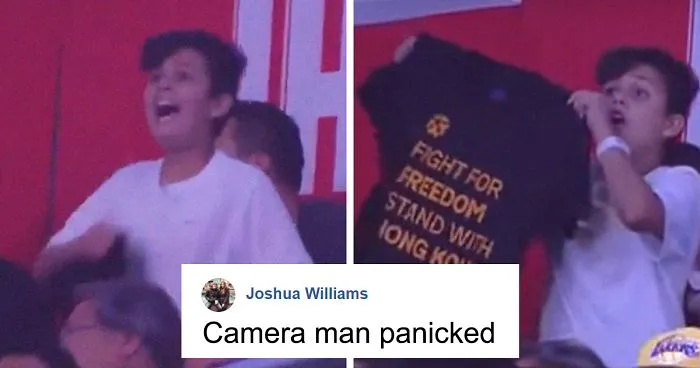 Camera Man Panics When A Genius Kid Shows A Pro-Hong Kong Message On NBA Dance Cam