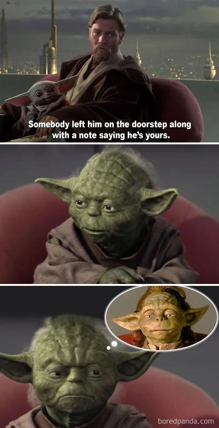 Baby Yoda meme featuring Grogu with funny note and Yoda's confused expression.