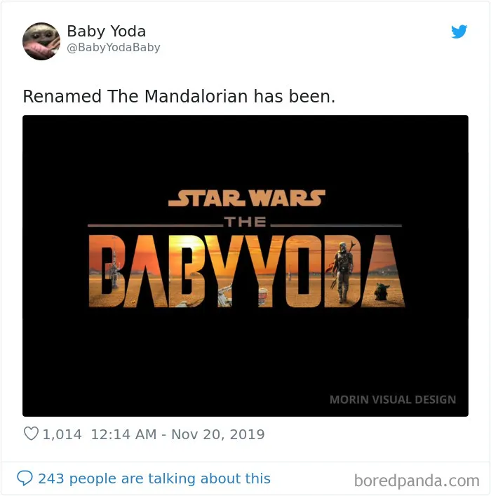 Baby Yoda meme reimagines The Mandalorian logo with Grogu, titled "The Baby Yoda."