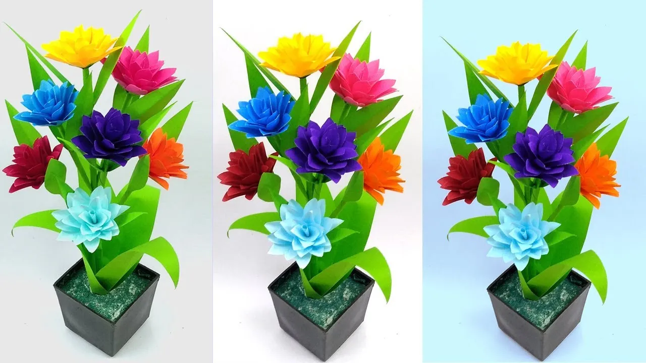Easy Paper Flower Vase Decoration-How To Make Paper Flower Vase At Home-Tissue Paper Stick Flower Vase