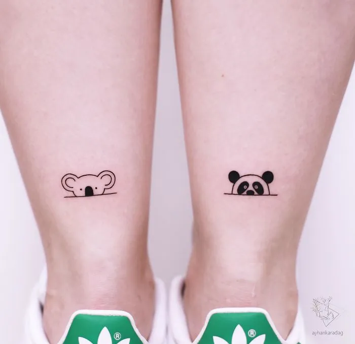Cute koala and panda tattoo designs on human skin near ankles, showcasing minimalist animal art.