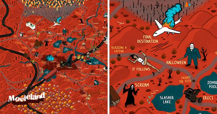 2 Years After Creating The Map Of Movieland With More Than 1,800 Movies, I Teamed Up With An Artist To Create Illustrated Maps For Movie Buffs