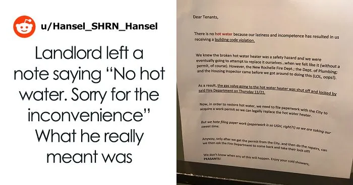 Landlord ‘Apologizes’ About There Being No Hot Water, Tenant Mocks Them With An Honest Note