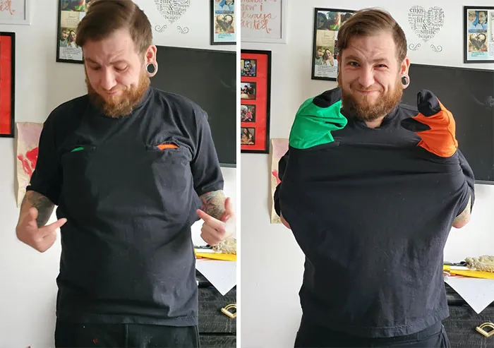 Thought I Was Grabbing A Plain Black T-Shirt For Work, But What I Got Was A Mobile Puppet Show