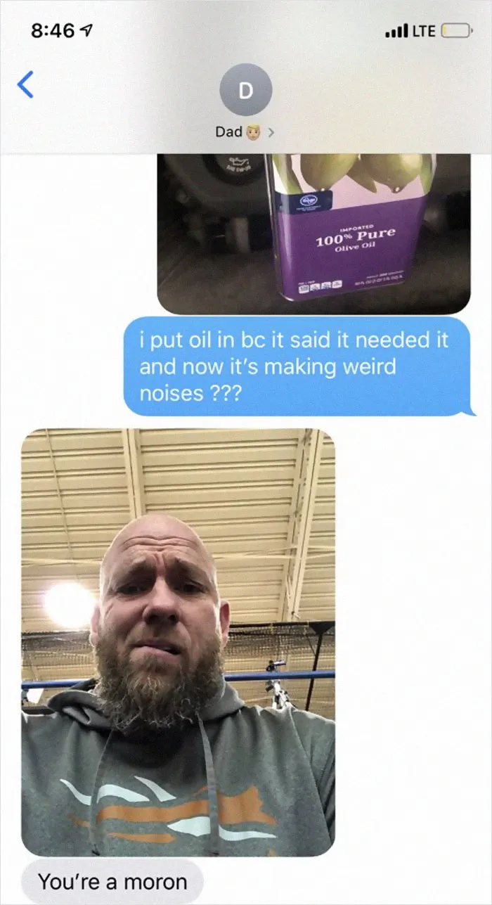 People Text Their Dads That They Put Olive Oil In Their Car And Share Screenshots (30 Pics)
