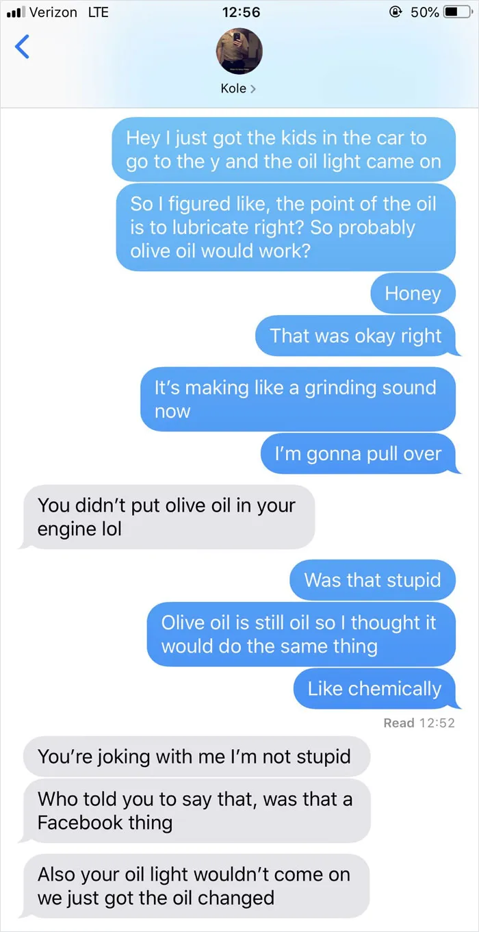 People Text Their Dads That They Put Olive Oil In Their Car And Share Screenshots (30 Pics)