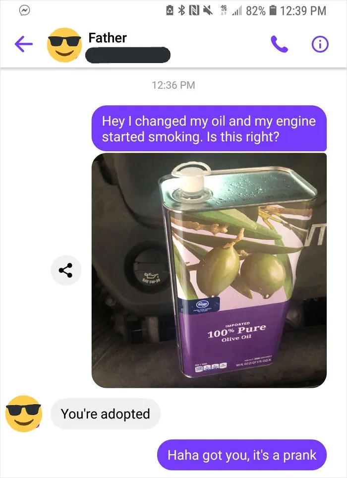 People Text Their Dads That They Put Olive Oil In Their Car And Share Screenshots (30 Pics)