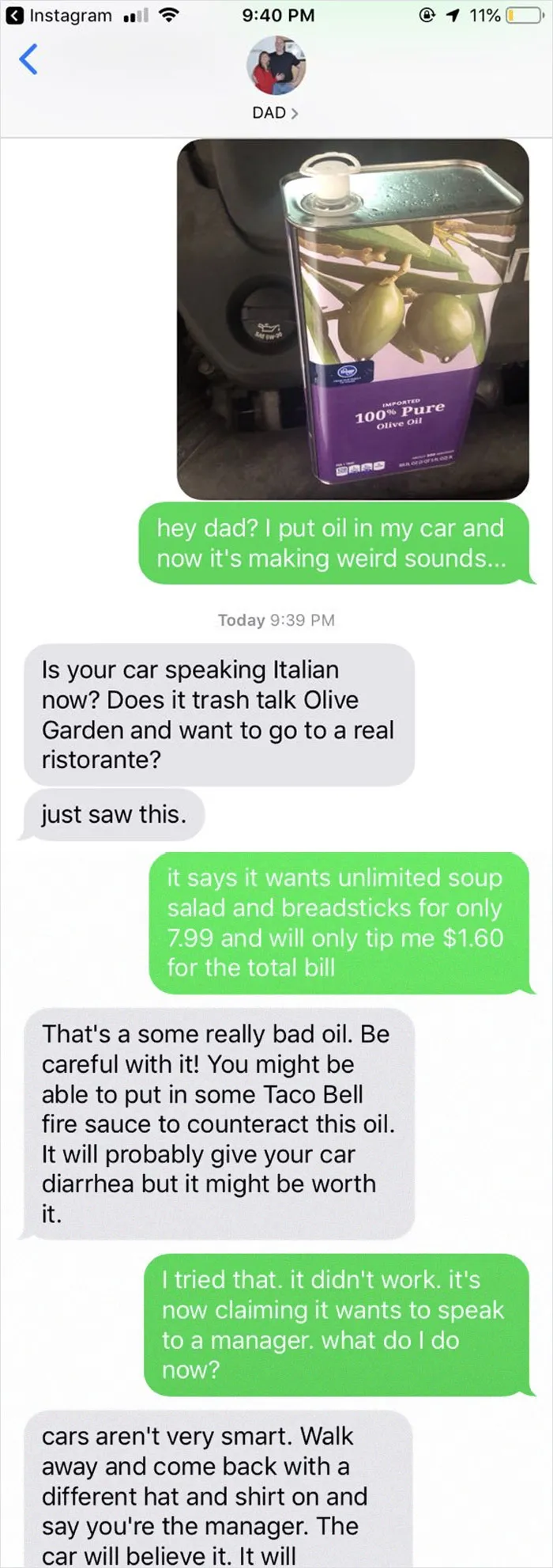 People Text Their Dads That They Put Olive Oil In Their Car And Share Screenshots (30 Pics)