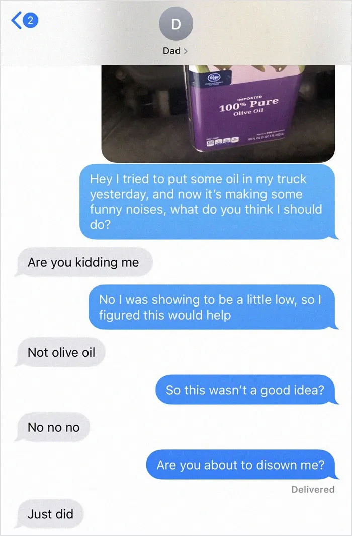 People Text Their Dads That They Put Olive Oil In Their Car And Share Screenshots (30 Pics)