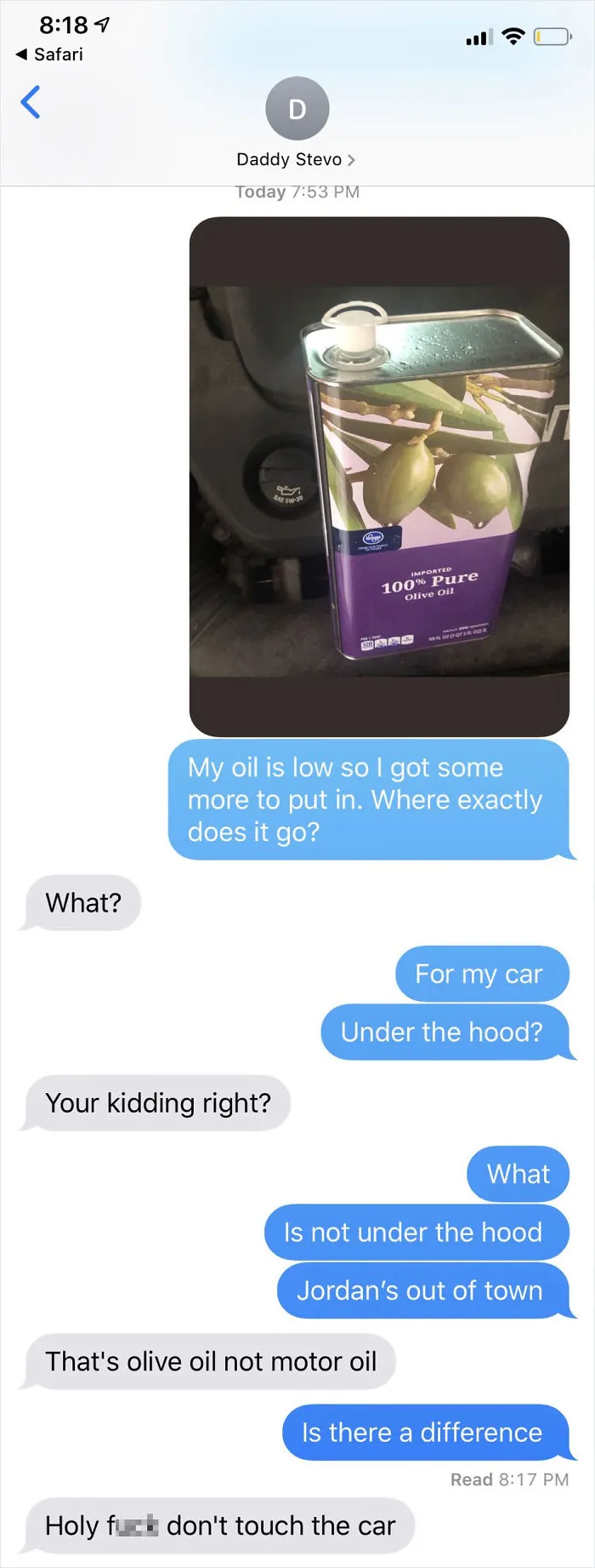 People Text Their Dads That They Put Olive Oil In Their Car And Share Screenshots (30 Pics)