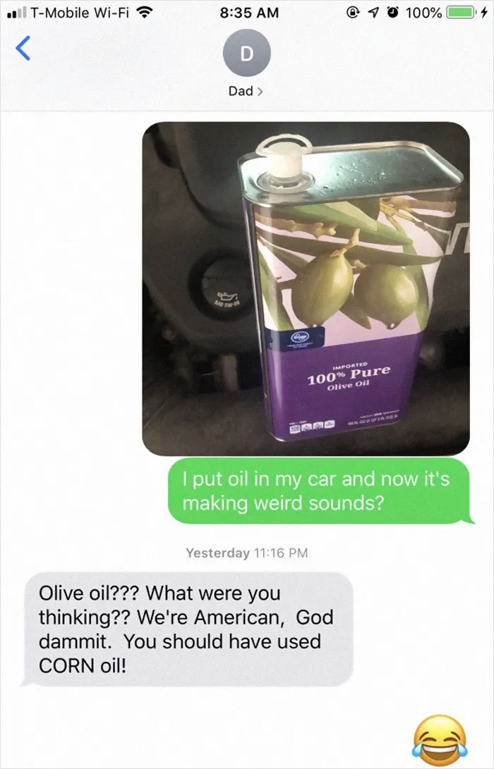People Text Their Dads That They Put Olive Oil In Their Car And Share Screenshots (30 Pics)