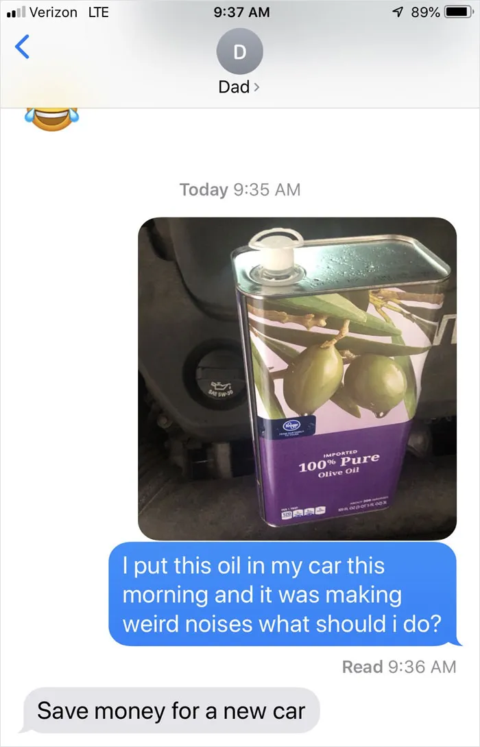People Text Their Dads That They Put Olive Oil In Their Car And Share Screenshots (30 Pics)