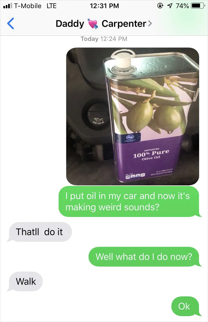 People Text Their Dads That They Put Olive Oil In Their Car And Share Screenshots (30 Pics)