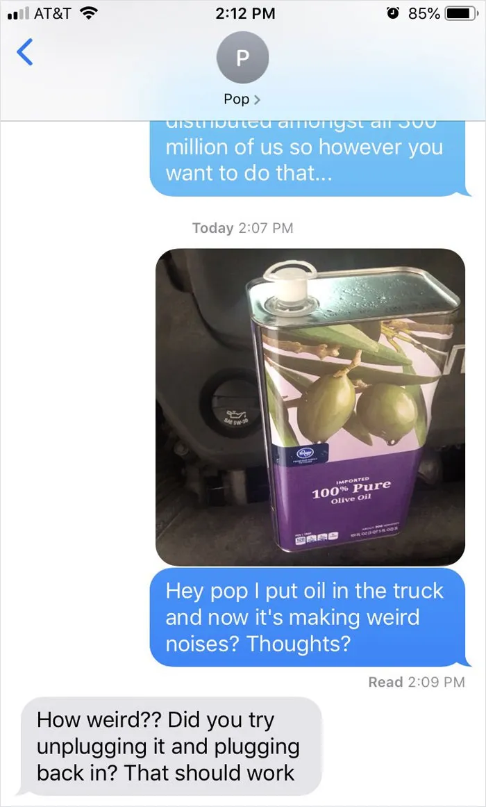 People Text Their Dads That They Put Olive Oil In Their Car And Share Screenshots (30 Pics)