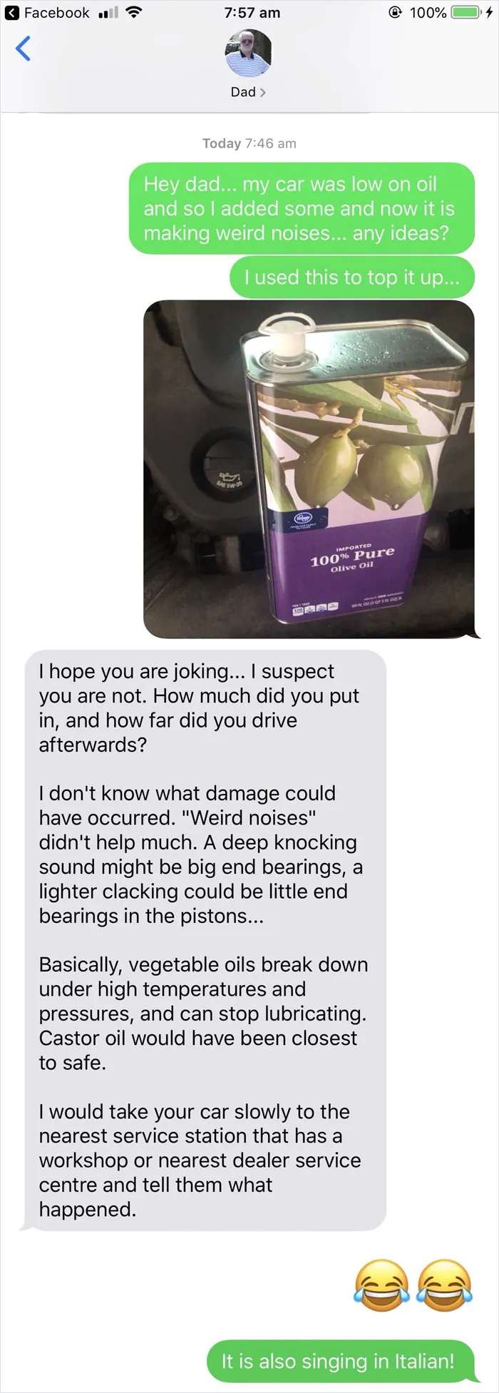 People Text Their Dads That They Put Olive Oil In Their Car And Share Screenshots (30 Pics)