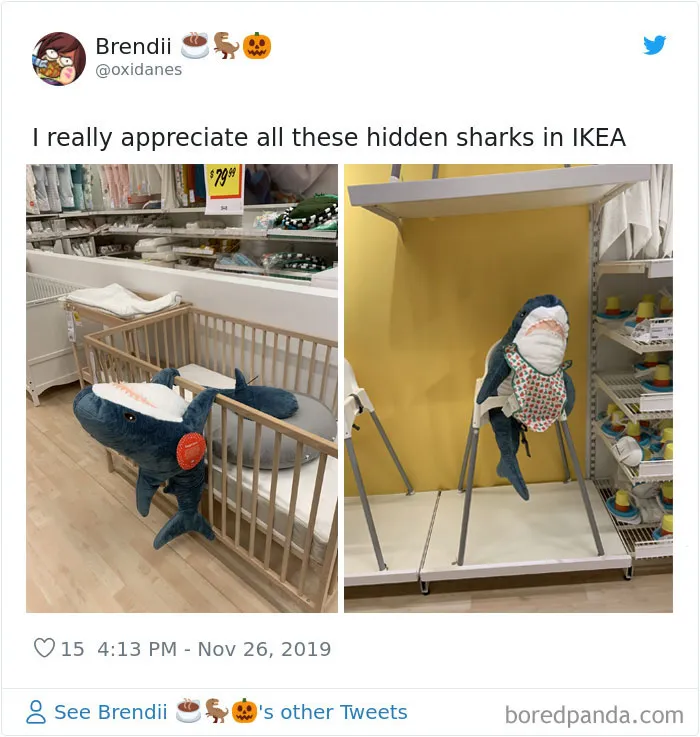 22 Times IKEA Customers Spotted Shark Plushies "Doing Human Things" At Their Stores