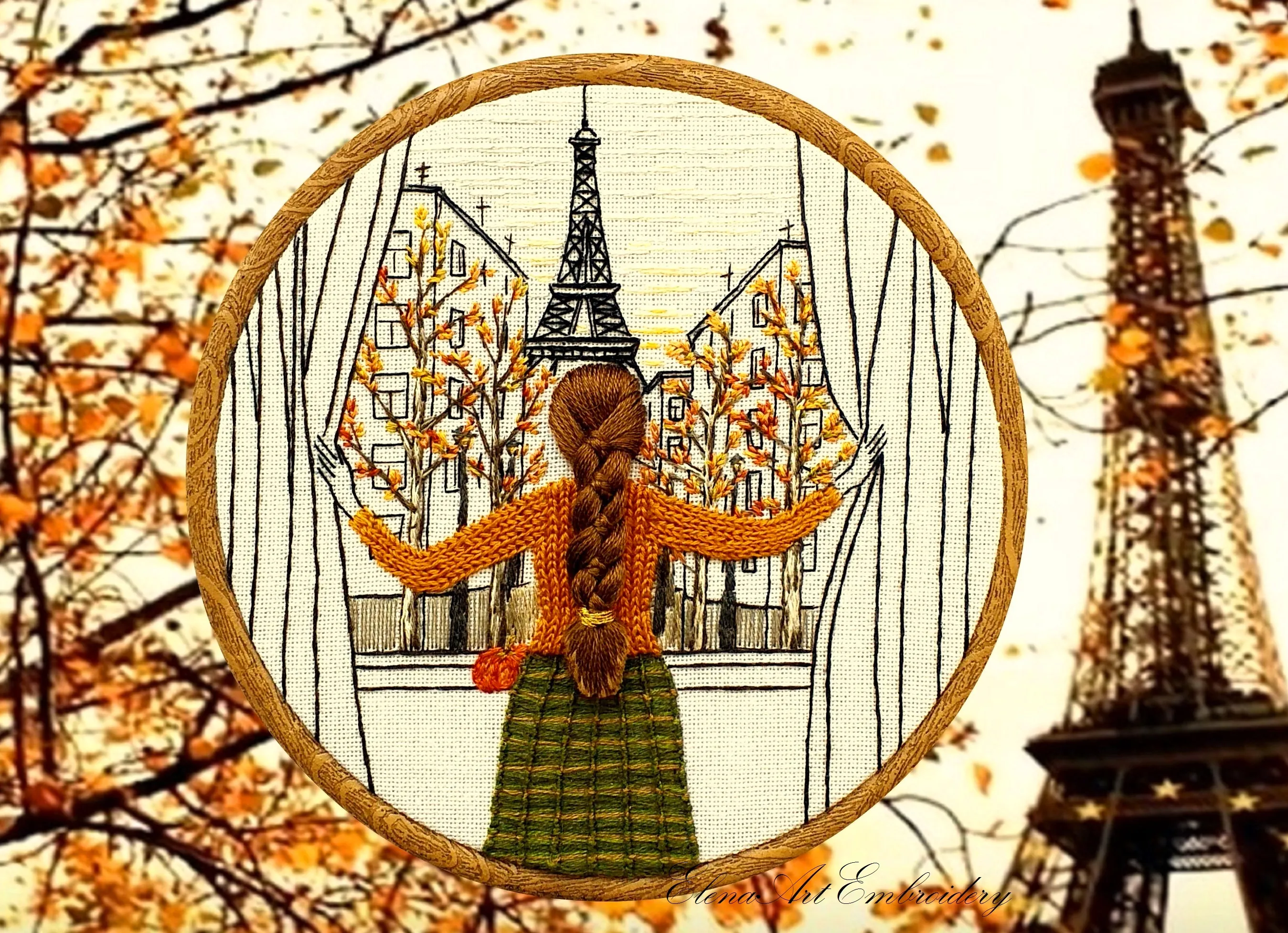 Contemporary Embroidery Hoop Art. Paris Eiffel Tower. Modern Fiber Art