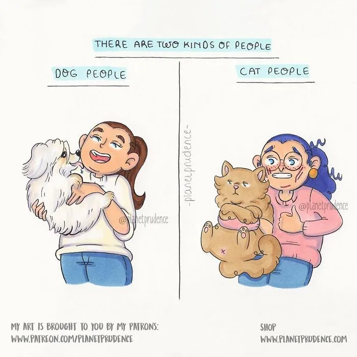 Illustration distinguishing between dog people and cat people, showcasing relatable everyday problems of being a woman.
