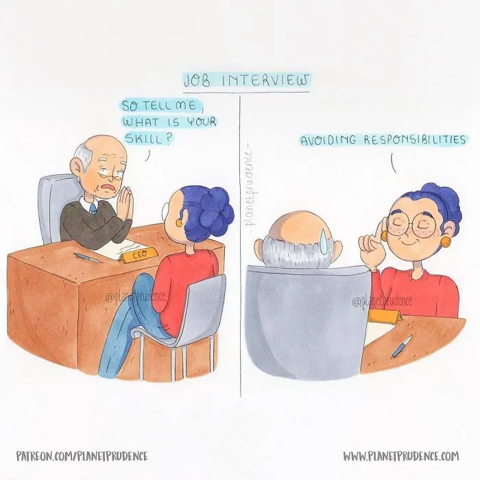 A woman at a job interview claiming her skill is avoiding responsibilities, showing everyday problems of being a woman.