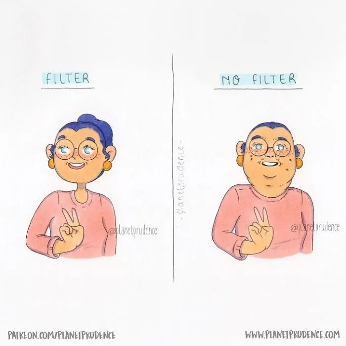 An illustration showing the everyday problems of being a woman, comparing a filtered vs. no-filter selfie.