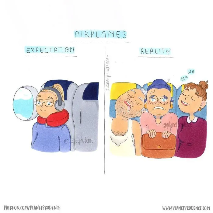 An illustration depicting the everyday problems of being a woman, showing expectation vs. reality of air travel.