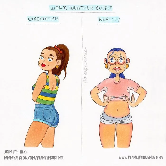 An illustration showing the everyday problems of being a woman with warm weather outfit expectations vs. reality.
