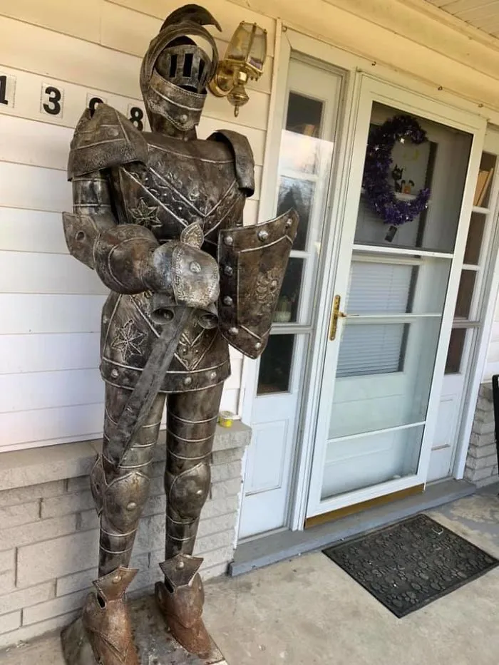 My Daughter Was Driving Down The Road And Found This Gem At The Curb For Trash Pickup. He Is Now Protecting Her Porch