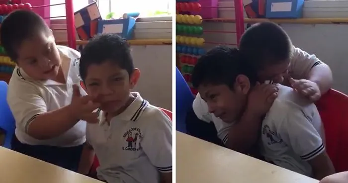 Video Of Boy With Down’s Syndrome Comforting Classmate With Autism Goes Viral For The Right Reasons