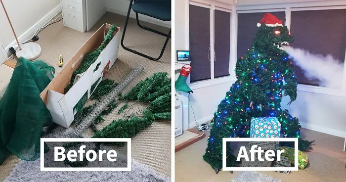 Guy Used Household Items To Build A Magnificent Smoke-Breathing Godzilla Christmas Tree