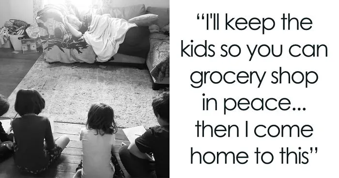 Dad Watches Kids & Lets Mom Go Shopping, Mom Returns To Him Sleeping While His Kids Draw Him “Posing”