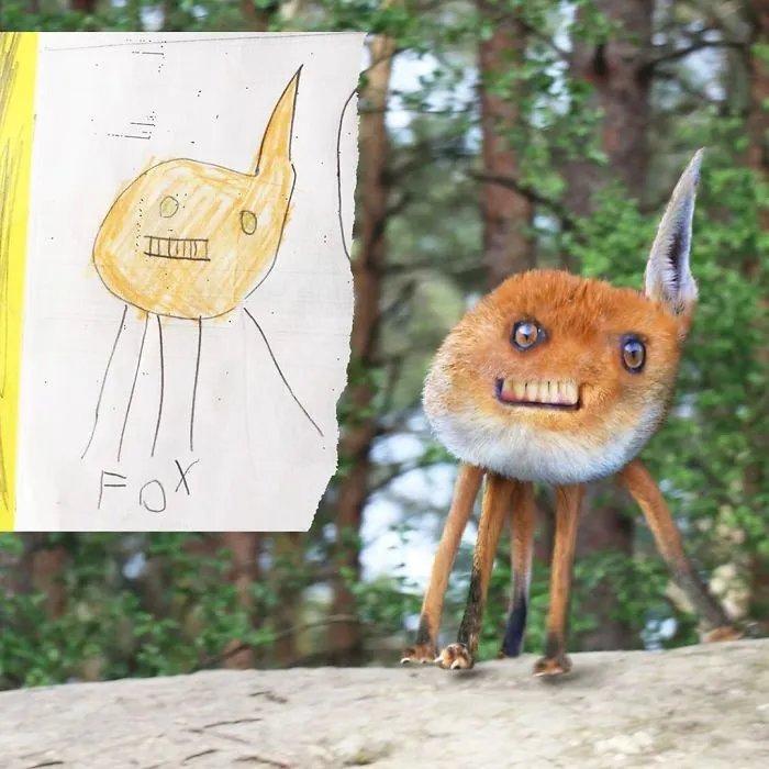 Este padre photoshopea los dibujos de sus hijos como si fueran reales, y son terroríficamente divertidos (30 imágenes)
