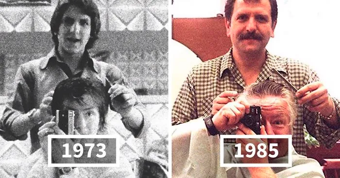 Man Snaps A Mirror Selfie With His Barber In The 1970s, Continues The Tradition For 40 Years