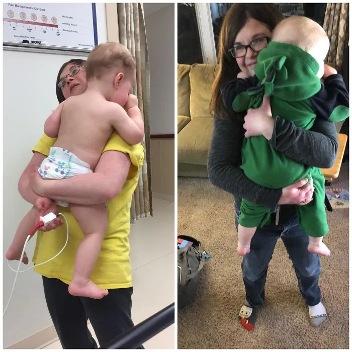 Mi hermana mayor sosteniendo a mis 2 hijos gigantes de 1 año cada uno