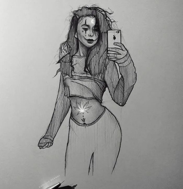 Drawing of a woman taking a selfie, featuring glow effect on her torso by a Mexican artist.