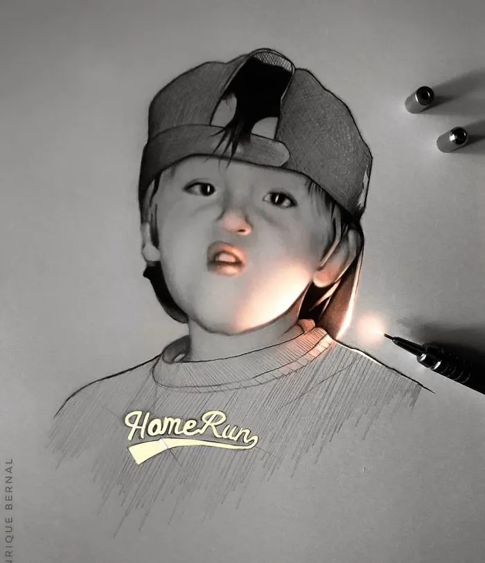 Drawing of a child with glowing effect by Mexican artist using unique technique.