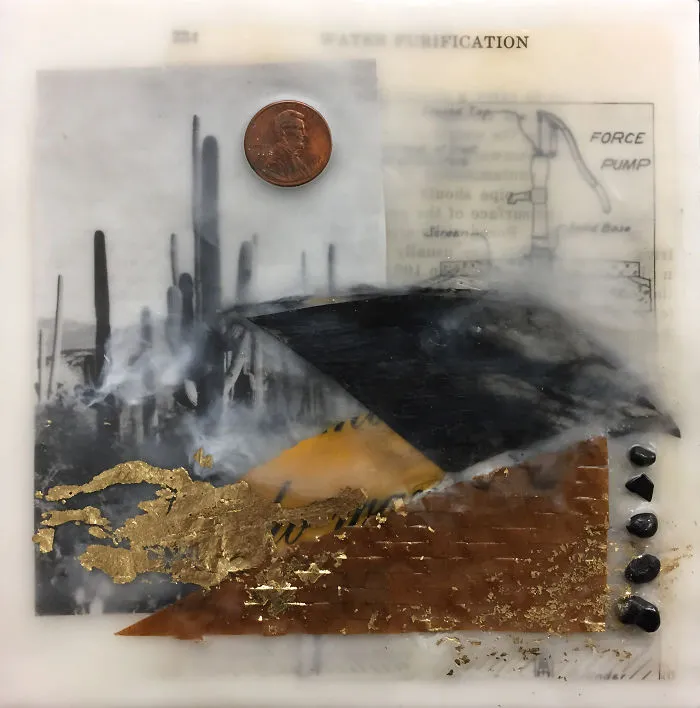 "Balance", 6x6, Encaustic Collage With Pebbles, Gold Leaf, And Penny